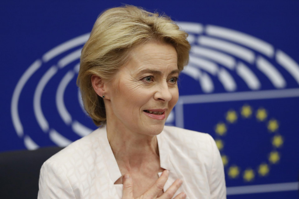 German Ursula von der Leyen talks to journalists during a news conference following her election as new European Commission President at the European Parliament in Strasbourg, eastern France, Tuesday, July 16, 2019. (AP Photo/Jean-Francois Badias)