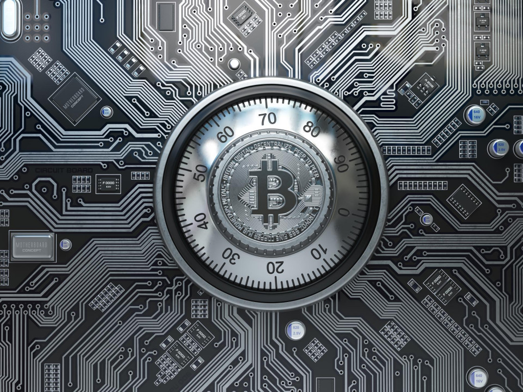 Bitcoin cryptocurrency security and mining concept. Safe lock with symbol of bitcoin on circuit board. 3d illustration