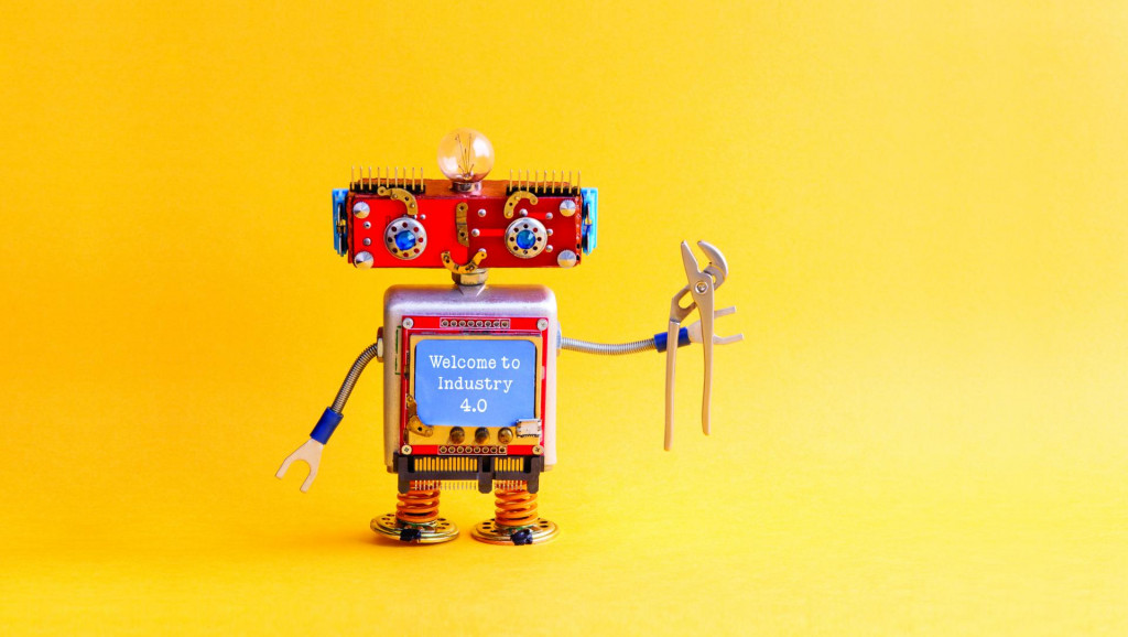 &lt;p&gt;Welcome to industry 4.0 concept. IT specialist steampunk machinery robot, smiley red head, blue monitor body, pliers. New economic future message on blue display. Yellow background copy space.&lt;/p&gt;
