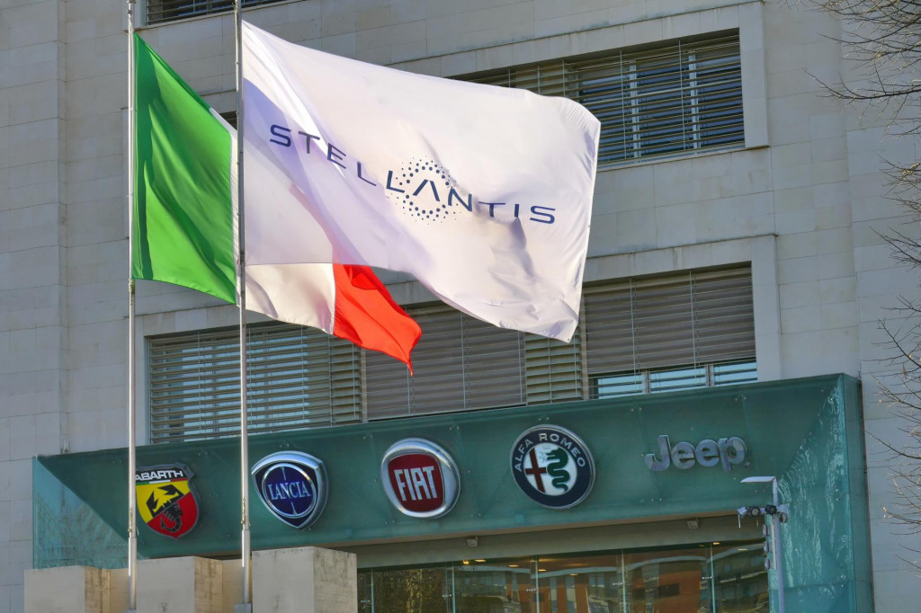 &lt;p&gt;Stellantis corporation flag at italian headquarters after merging between Groupe PSA and FCA automotive Turin Italy January 25 2021&lt;/p&gt;