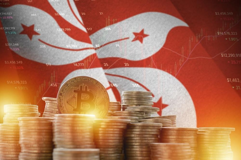 &lt;p&gt;Hong kong flag and big amount of golden bitcoin coins and trading platform chart. Crypto currency concept, kriptovalute&lt;/p&gt;