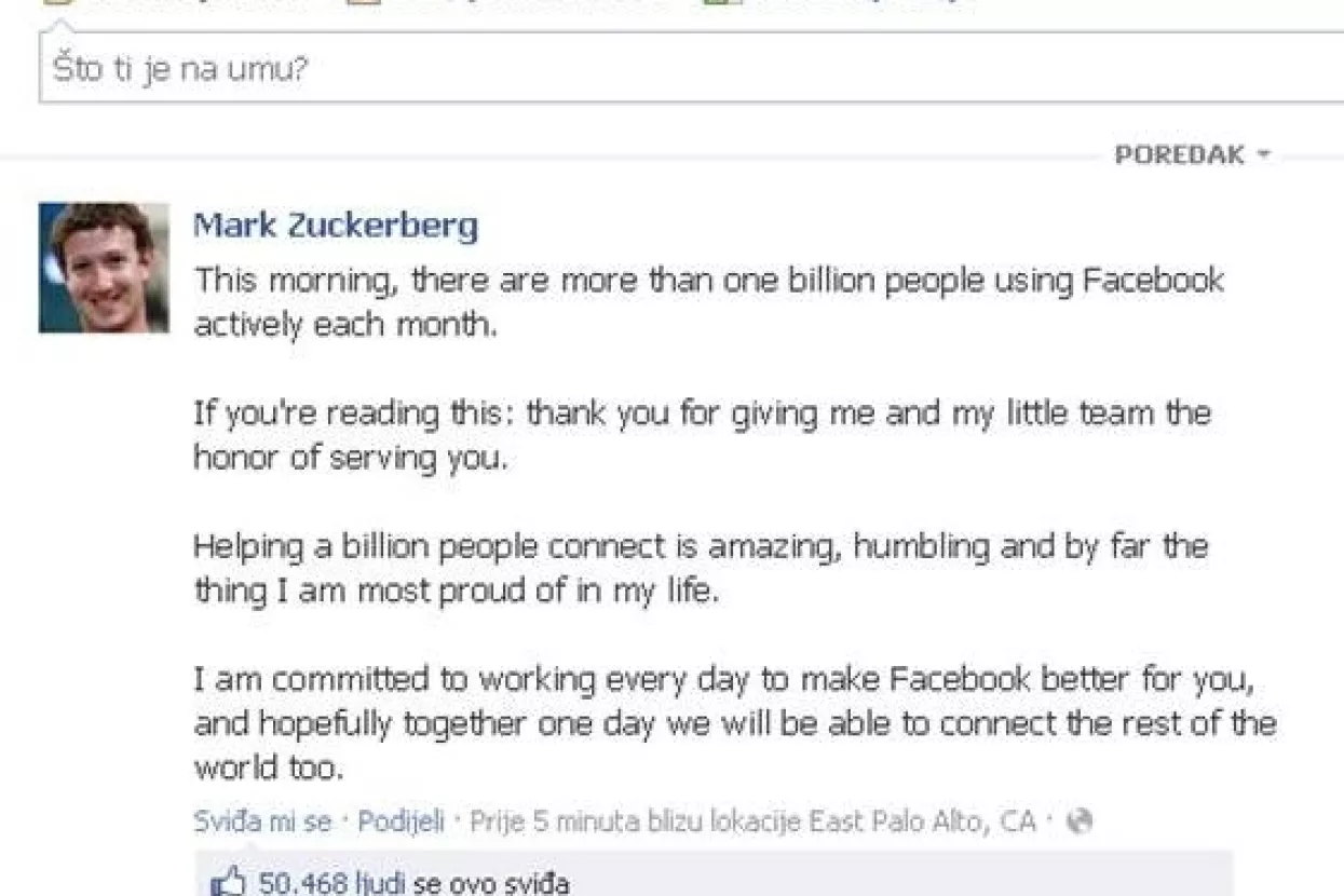 Facebook danas dobio milijarditog člana