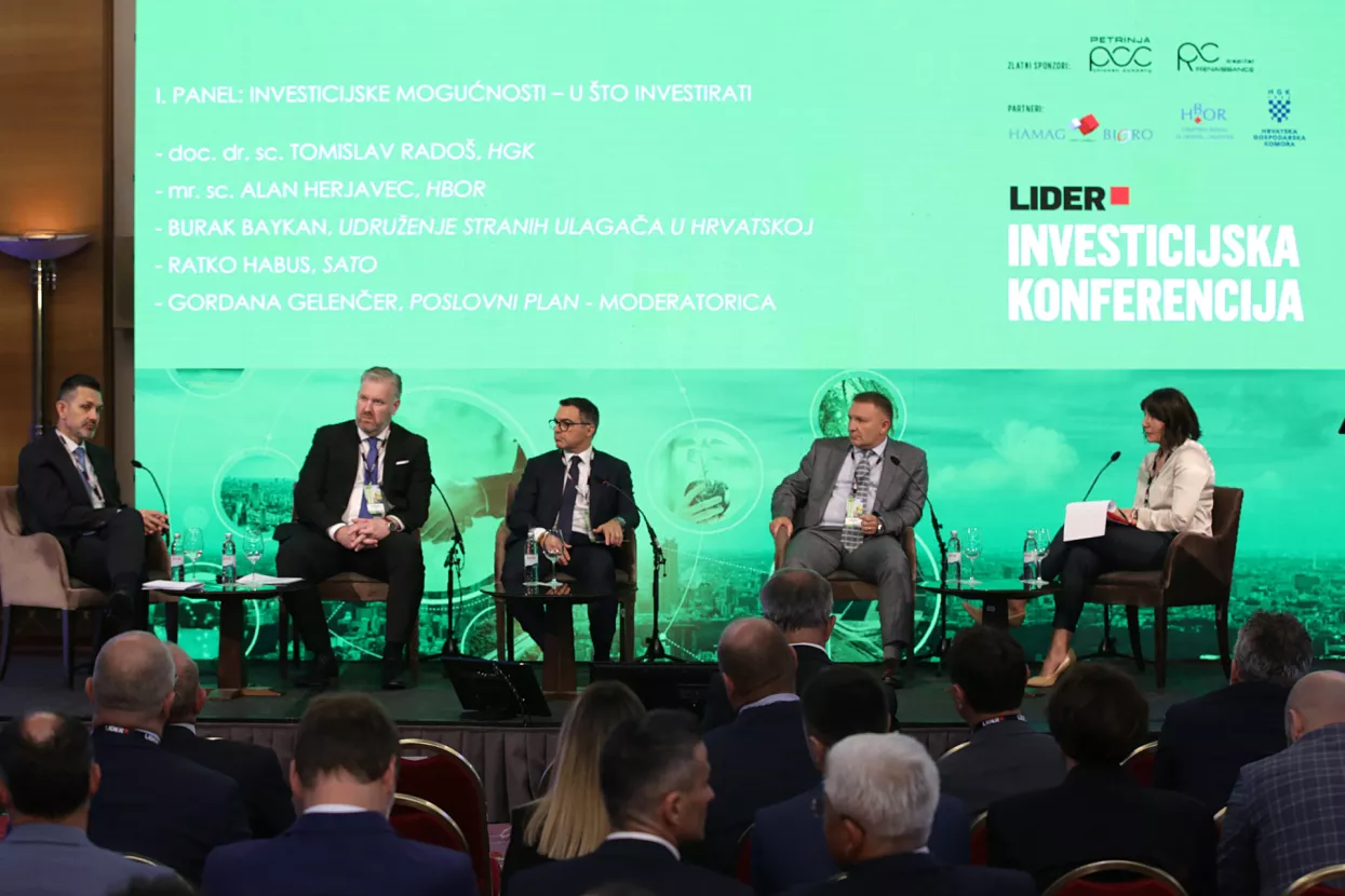 Lider Investicijska konferencija 2023. Panel 1. "Investicijske mogućnosti - u što investirati?": Tomislav Radoš, Alan Herjavec, Burak Baykan, Ratko Habus i Gordana Gelenčer