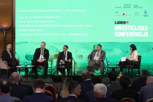 Lider Investicijska konferencija 2023. Panel 1. "Investicijske mogućnosti - u što investirati?": Tomislav Radoš, Alan Herjavec, Burak Baykan, Ratko Habus i Gordana Gelenčer