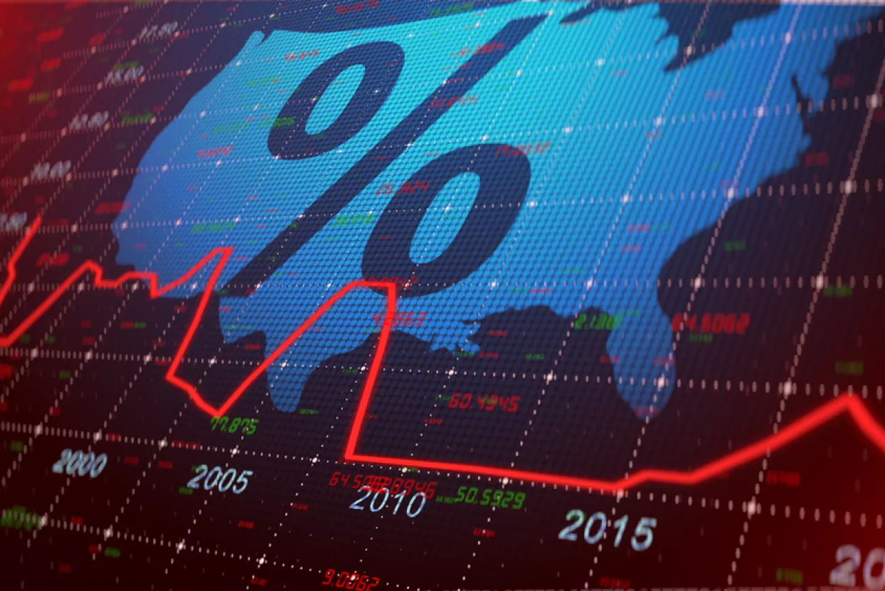 United States Interest rates effect on stock market and global economic inflation and deflation economic indicators - Illustration Rendering<br>SAD, USA, inflacija, rast, pad, gospodarstvo, dolar