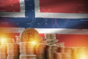 Norway flag and big amount of golden bitcoin coins and trading platform chart. Crypto currency conceptNorveška, bitcoin, novac, rast