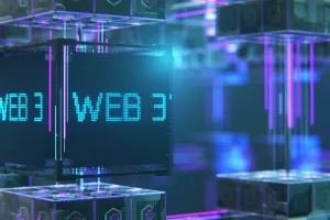 Concept of decentralized internet. Wide banner. WEB 3 technology concept. WEB 3.0 3d rendering.. blockchain