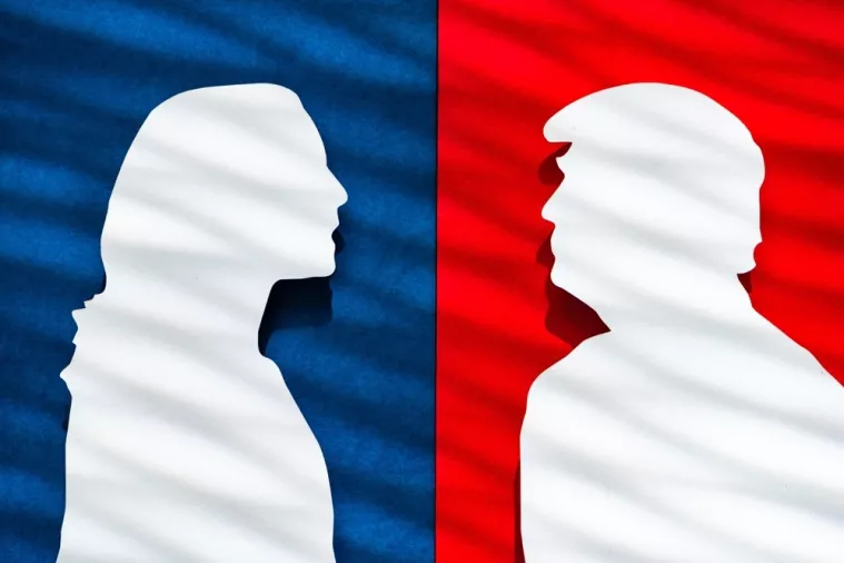 NEW YORK, USA, 30 AUGUST, 2024Visual Metaphor for the 2024 U.S. Presidential ElectionPapercut Silhouettes of Kamala Harris and Donald Trump in Red and BlueIzbori SAD, izbori u SAD-u