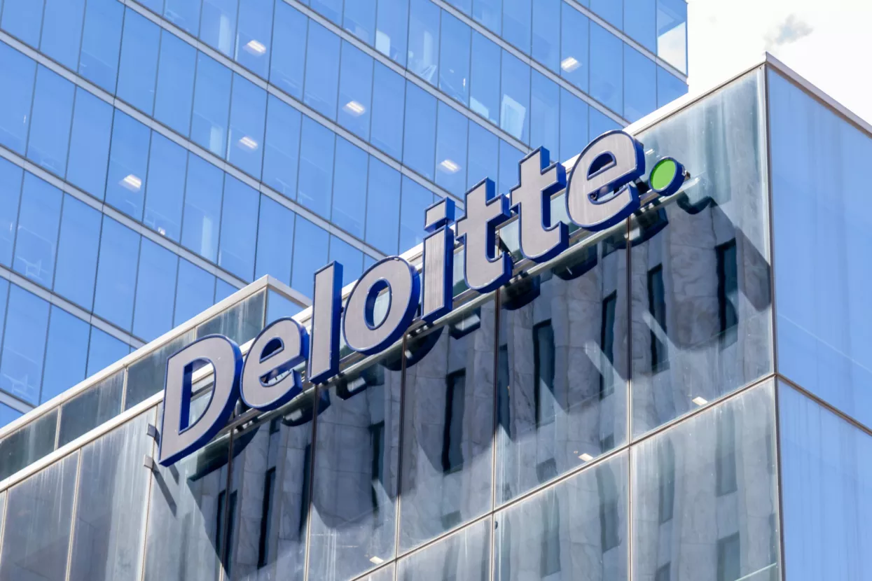 Toronto, Canada - June 19, 2018: Deloitte sign on the national office building is seen in Toronto. Deloitte (Deloitte Touche Tohmatsu Limited) is a British professional services network.