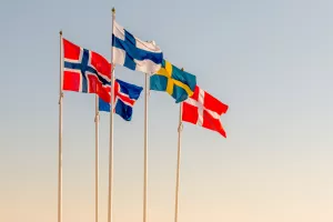 Danish, Swedish, Icelandic, Finnish and Norwegian scandinavian flags waving on the wind in Helsinborg, SwedenSkandinavija, skandinavske zemlje, Skandinavci