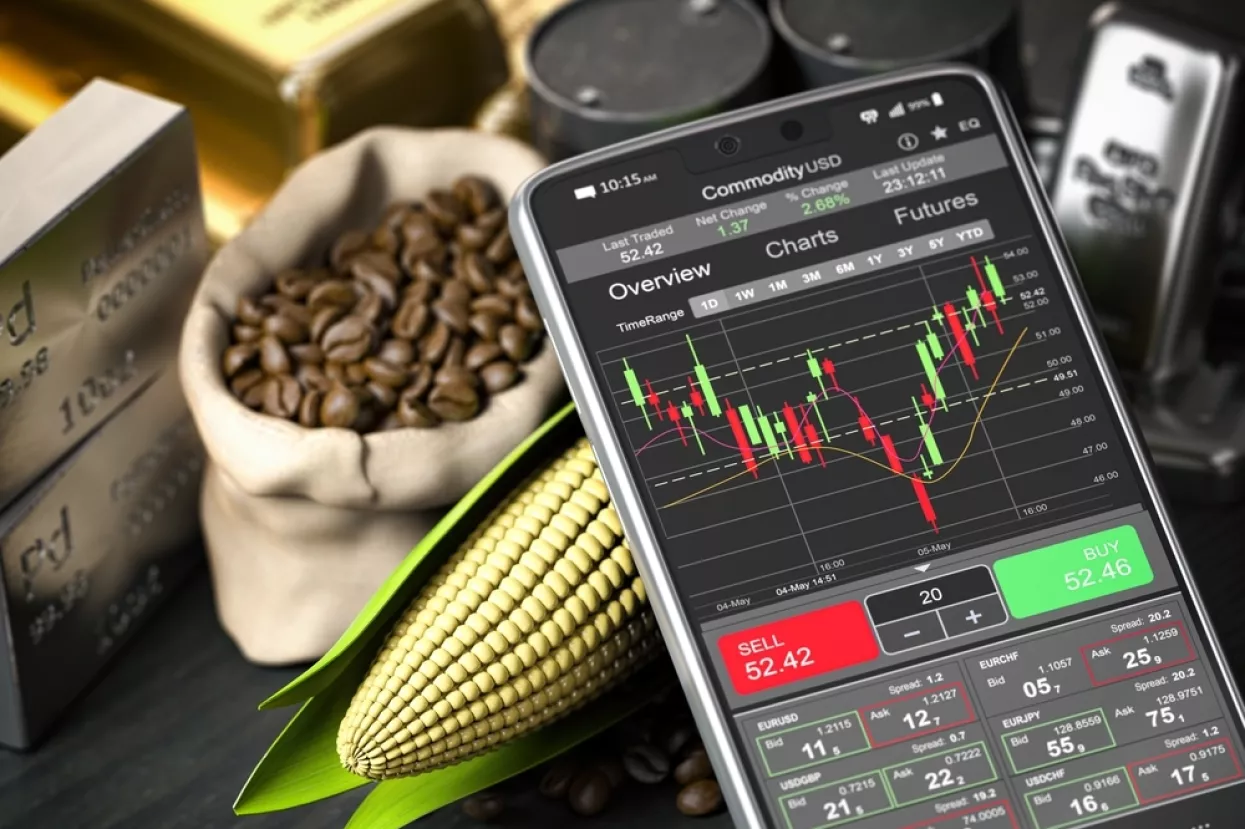 Smartphone and commodities. Stock exchange market trading platform on the screen of mobile phone. 3d illustrationburzovne robe, cijene roba, cijene burzovnih roba, tržišta, kava, kukuruz, cijena