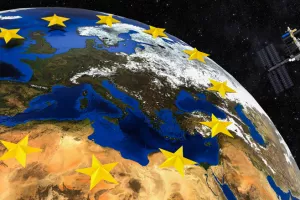 3D render of a image representing Europe viewed from space with european union stars and satelite/European Union and Europe viewed from space, Europa, Europska unija, sateliti, proizvođači satelita