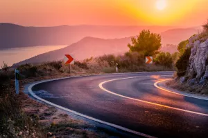 cesta, ceste, zavoj, promet, zalazak sunca, obala