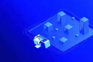 Isometric server room in datacenter. Administrator Monitors Work of Artificial Intelligence. Professional IT Engineers Working in System Control Center