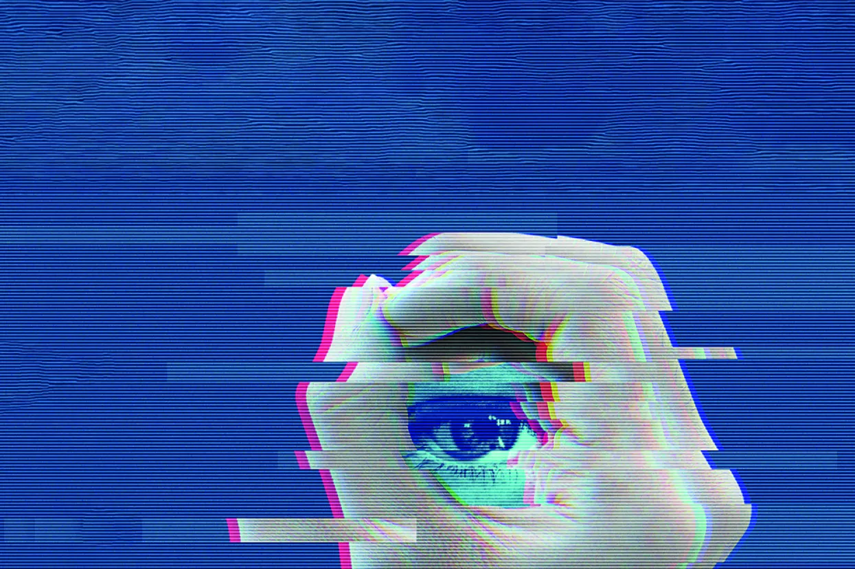 Distorted glitch digital collage of close-up of an eye framed by a hand, symbolizing surveillance. Big brother is watching banner.