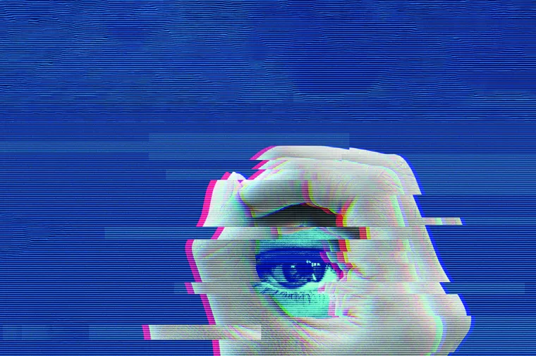 Distorted glitch digital collage of close-up of an eye framed by a hand, symbolizing surveillance. Big brother is watching banner.