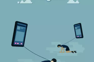 Flat of technology,The big smartphone with social platform over the human and forcing with a rope,social platform are in every activity and every time - Vector.