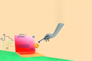 Hand unlocking laptop with key, symbolizing symbolizing cybersecurity measures, protecting online data, and secure access to digital information. Contemporary art. Concept of cybersecurity, business