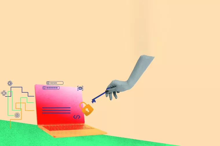 Hand unlocking laptop with key, symbolizing symbolizing cybersecurity measures, protecting online data, and secure access to digital information. Contemporary art. Concept of cybersecurity, business