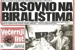 Faksimil naslovnice Večernjeg lista od 23. travnja 1990.