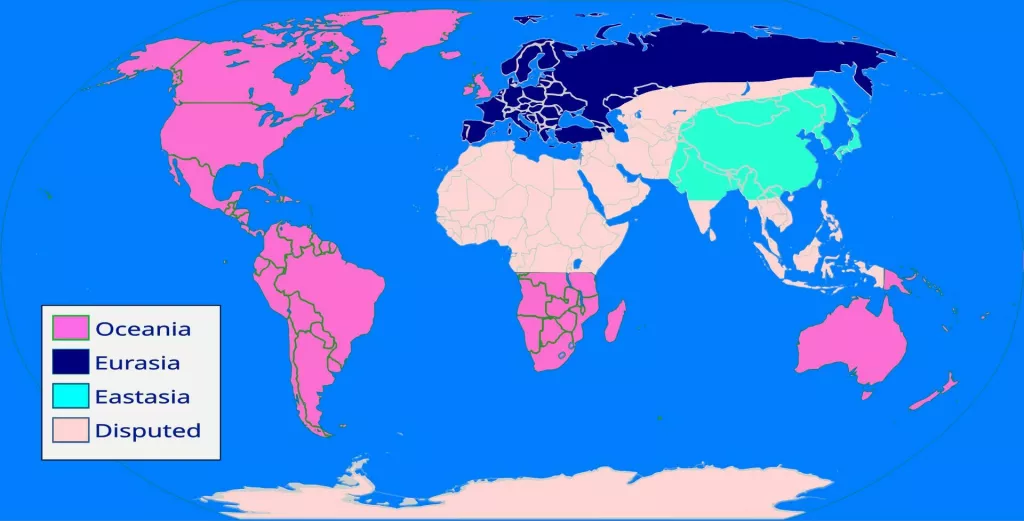 Orwellova karta distopijskog svijeta 1984. podijeljenog na tri bloka: Oceaniju, Euraziju i Eastaziju, koje se bore za ostatak svijeta (sporno područje)