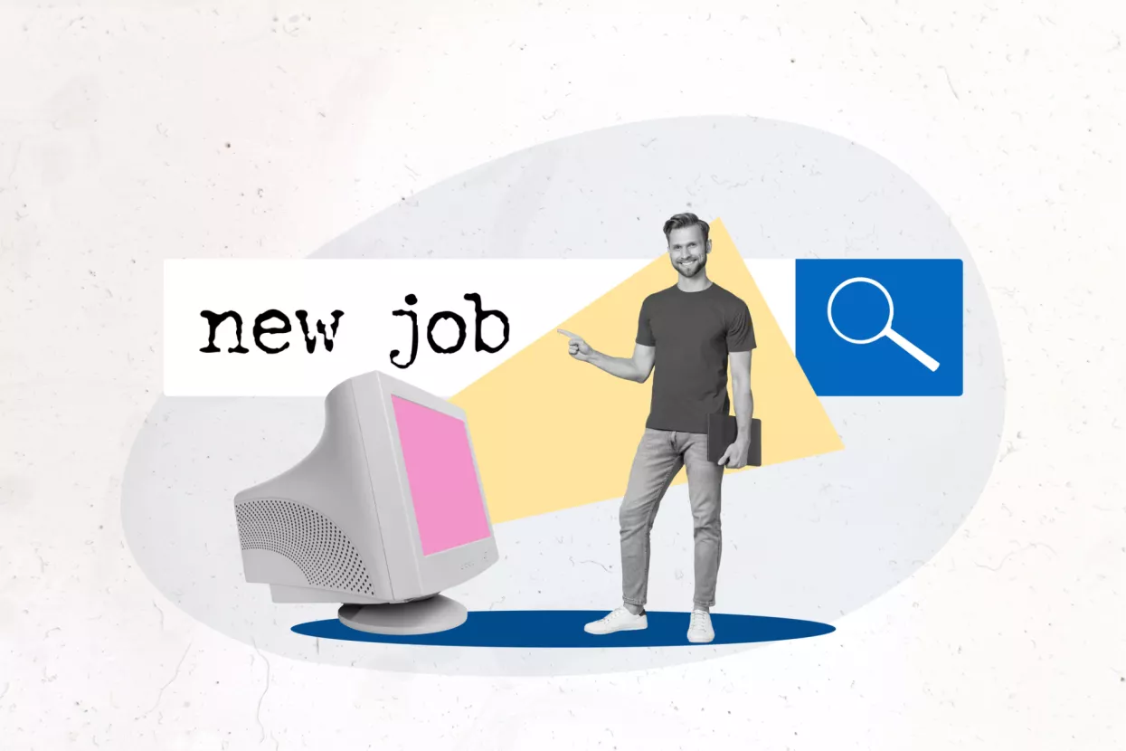 Horizontal creative collage of man guy look search new job work on big giant computer laptop online browsing web hiring loupe magnifying glass on white background.