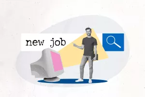 Horizontal creative collage of man guy look search new job work on big giant computer laptop online browsing web hiring loupe magnifying glass on white background.