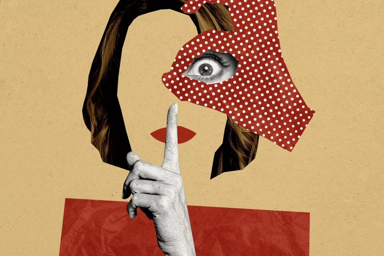 Vertical photo collage of faceless anonym girl hold index finger shh concept okay gesture wide okay look mute isolated on painted background