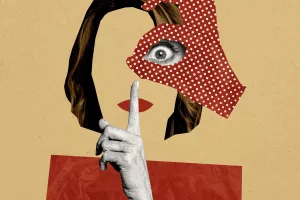 Vertical photo collage of faceless anonym girl hold index finger shh concept okay gesture wide okay look mute isolated on painted background