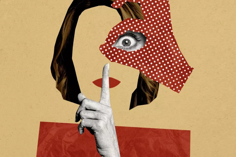 Vertical photo collage of faceless anonym girl hold index finger shh concept okay gesture wide okay look mute isolated on painted background