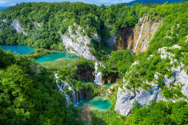 Aerial view of the lakes with waterfalls, Plitvice Lakes National Park, Croatia
