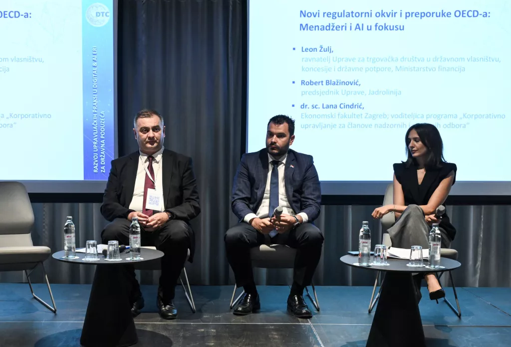 14.07.2026., Zagreb - Digital & AI Transformation Conference 2026. Panel: Novi regulatorni okvir i preporuke OECD-a: Menadzeri i AI u fokusu.Leon Žulj, Robert Blažinović, Lana Cindrić Photo: Josip Regovic/PIXSELL