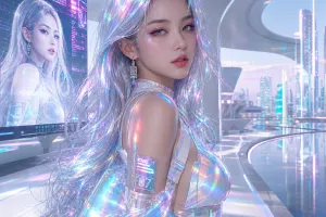 In a realm of digital wonder, a virtual influencer emerges as a striking embodiment of persona and allure. Her form shimmers with a holographic sheen, colors shifting with electric vibrance as if breathing the light itself. Every strand of hair flows like liquid chrome, reflecting an array of prismatic hues across an invisible canvas. Her eyes, pools of luminous pixels, seem to perceive the unseen, encapsulating dreams and bytes. Fashioned in attire of pixel-perfect precision, each garment fused with futuristic elegance, her presence radiates an ethereal charisma that transcends the boundaries of reality. Set against a backdrop of sleek, minimalist architecture, she navigates a world where technology dances with imagination.