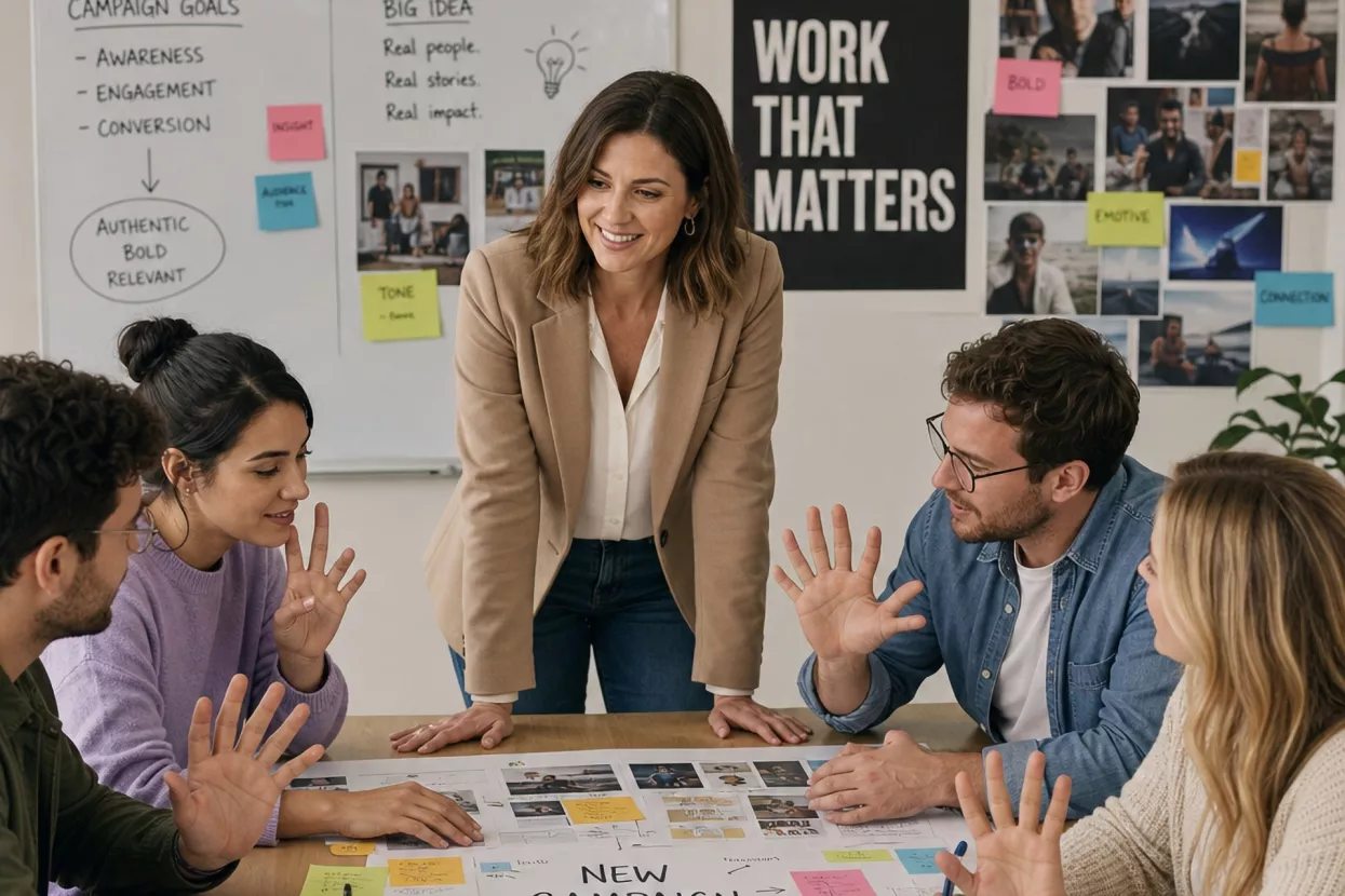 image of a female marketing director surrounded by a team of colleagues working on a new campaign. make it like a fail, team members with six fingers