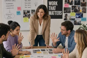 image of a female marketing director surrounded by a team of colleagues working on a new campaign. make it like a fail, team members with six fingers