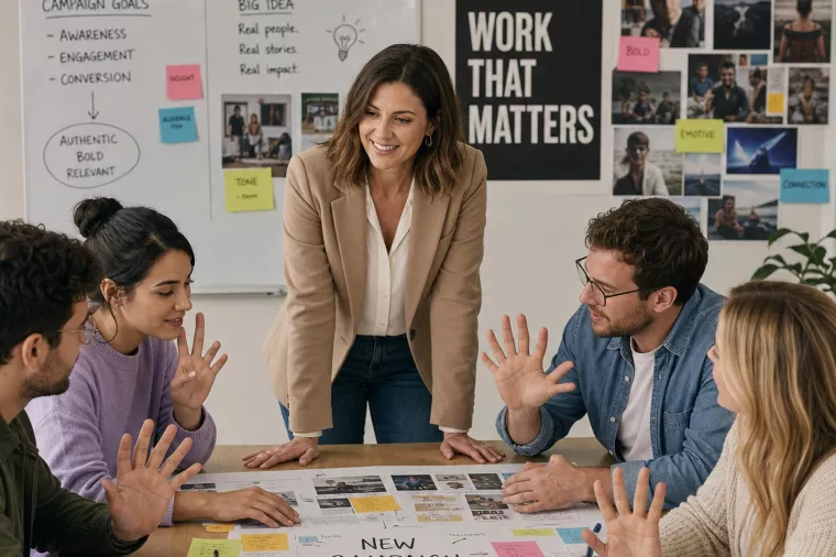 image of a female marketing director surrounded by a team of colleagues working on a new campaign. make it like a fail, team members with six fingers