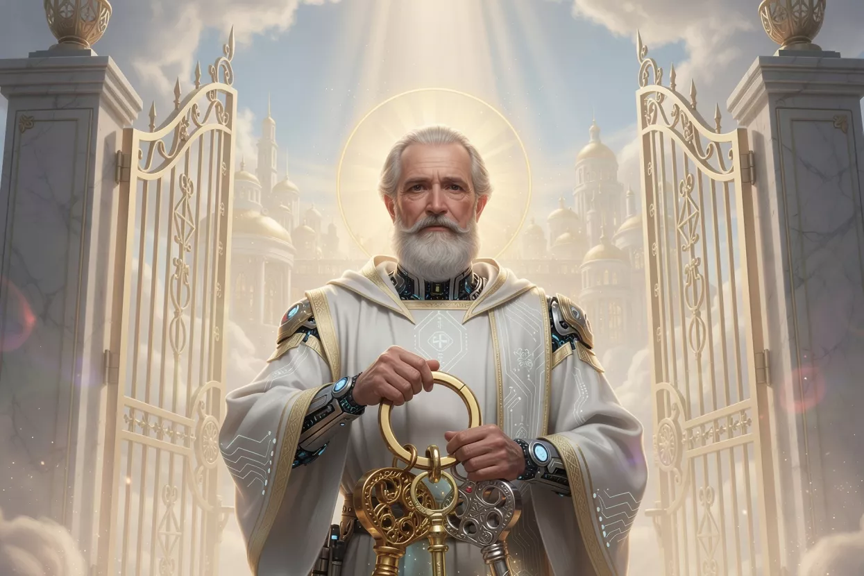 The AI agent holds the keys to paradise, looking like Saint Peter