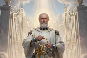The AI agent holds the keys to paradise, looking like Saint Peter