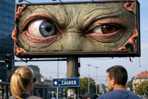A realistic image of a billboard in Zagreb that is alive and watching passersby.