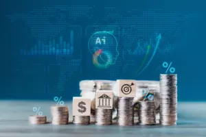 Stack of coins and a jar filled with coins, both topped with a digital representation of an AI brain. Artificial intelligence in financial management, investment strategies and smart investments