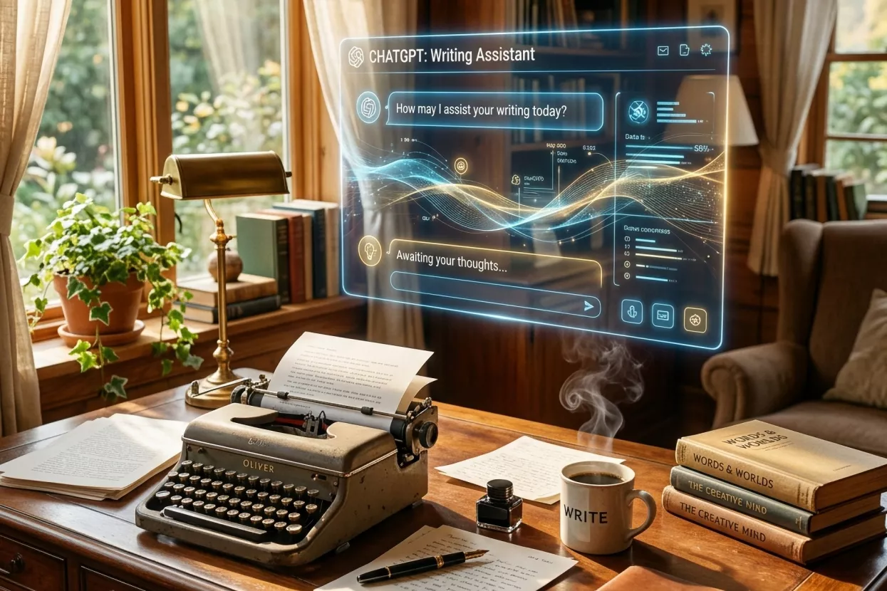 In a sunlit room, ChatGPT assumes the form of a sophisticated, futuristic interface floating above an elegantly cluttered mahogany desk. The desk is strewn with scattered papers, ink pens artfully positioned, and a classic typewriter echoing a bygone era. Rays of golden sunlight filter through sheer curtains, illuminating the room with a warm, inviting glow. A steaming cup of coffee sits nearby, tendrils of aromatic steam swirling into the air, creating an atmosphere both serene and industrious. It's a scene where the past and future meld, as the essence of written word takes shape in the digital age.