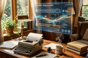 In a sunlit room, ChatGPT assumes the form of a sophisticated, futuristic interface floating above an elegantly cluttered mahogany desk. The desk is strewn with scattered papers, ink pens artfully positioned, and a classic typewriter echoing a bygone era. Rays of golden sunlight filter through sheer curtains, illuminating the room with a warm, inviting glow. A steaming cup of coffee sits nearby, tendrils of aromatic steam swirling into the air, creating an atmosphere both serene and industrious. It's a scene where the past and future meld, as the essence of written word takes shape in the digital age.