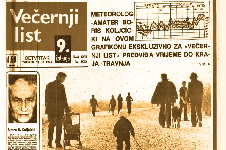 Naslovnica Večernjeg lista iz 1974. s dugoročnom prognozom, i vijest o smrti objavljena 25. kolovoza 1989.&nbsp;