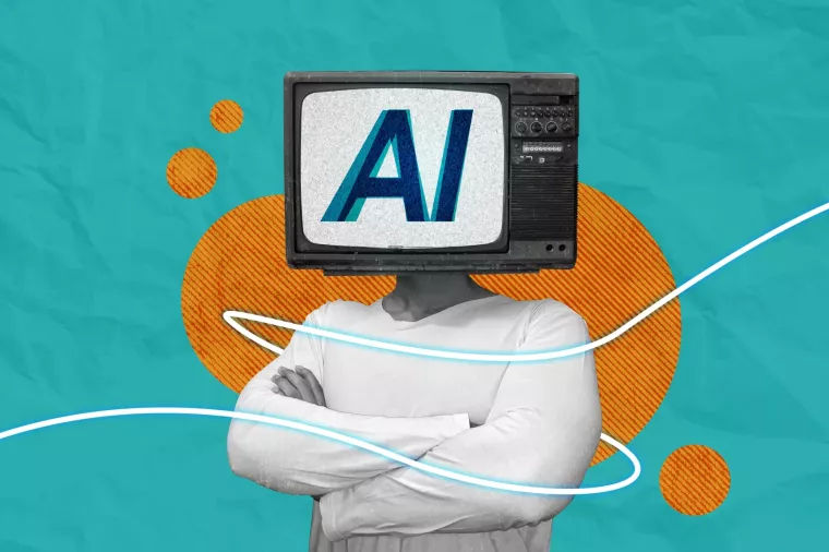 Human with AI TV Head collage art. Artificial Intelligence concept, thinking like an AI.