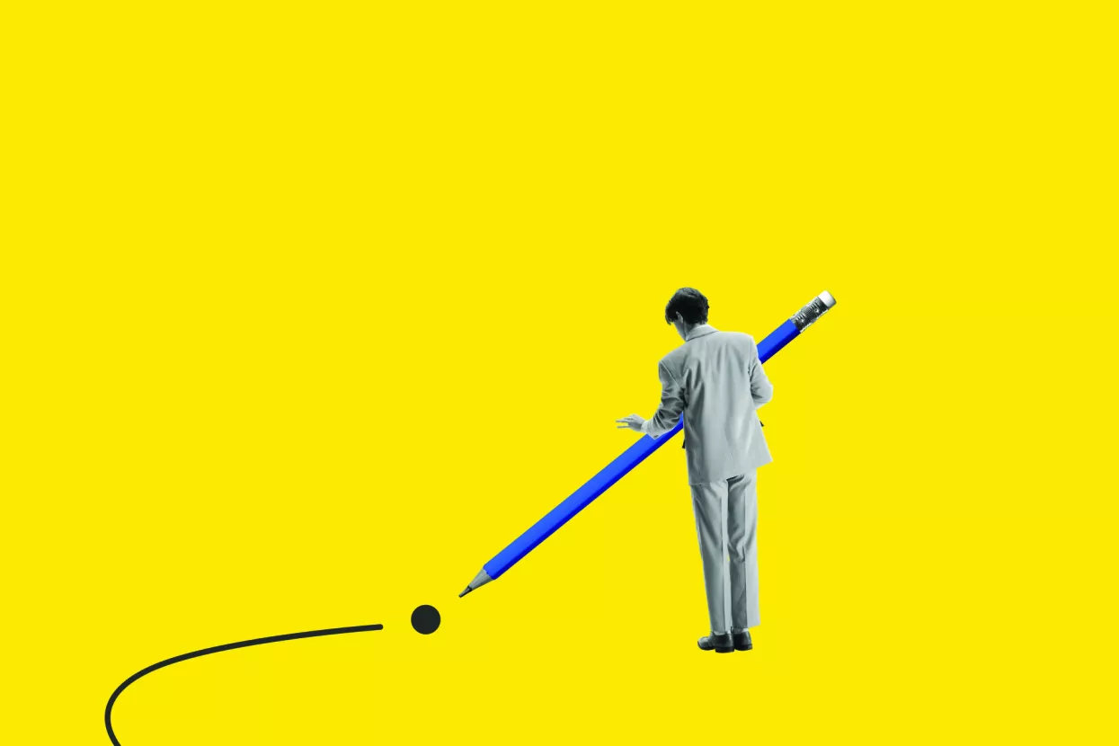 Man using giant pencil to draw path on vibrant yellow background, symbolizing creativity, turning point and decision-making. Contemporary art collage. Concept of business, growth, choice