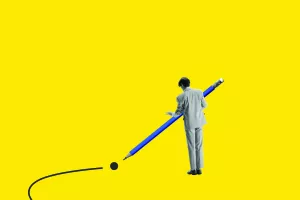 Man using giant pencil to draw path on vibrant yellow background, symbolizing creativity, turning point and decision-making. Contemporary art collage. Concept of business, growth, choice