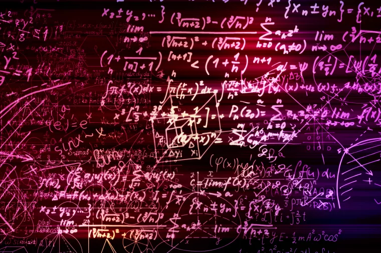 3D rendering abstract blocks of mathematical formulas that are in the virtual space. Camera inside the mathematical formulas