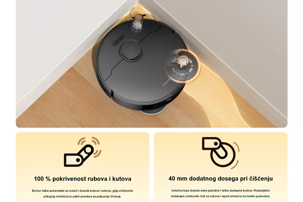 Dreame L50 Ultra AE za precizno či&scaron;ćenje rubova &mdash; Dual Flex Arm pro&scaron;iruje doseg bočne četke i krpe uz zidove, u kutovima i ispod namje&scaron;taja