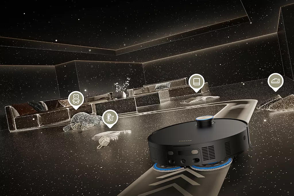 OmniSight&trade; navigacija s izbjegavanjem prepreka &mdash; Sustav koristi AI RGB kameru i 3D strukturirano svjetlo za prepoznavanje predmeta na podu te prilagođava putanju kako bi ih zaobi&scaron;ao bez nepotrebnog zaustavljanja