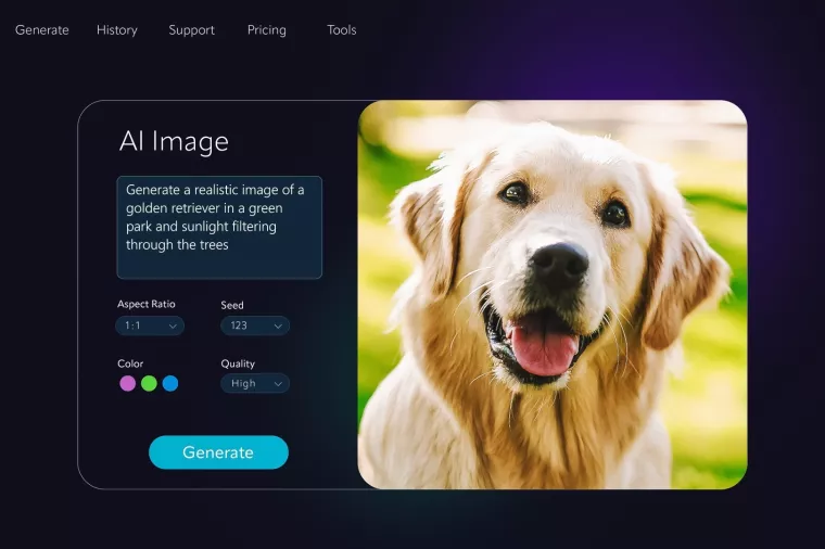 Concept of AI Chatbot Interface Generate a Detailed 3D Model of a Cute Picture of Golden Retriever Dog. Design for Product Visualization, Production. AI Ecommerce Creative Digital Design for eCommerce